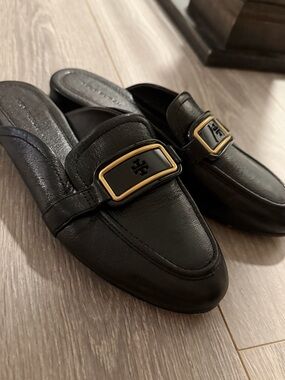 LIKE NEW Tory Burch Black Mules with Gold Accent Buckle